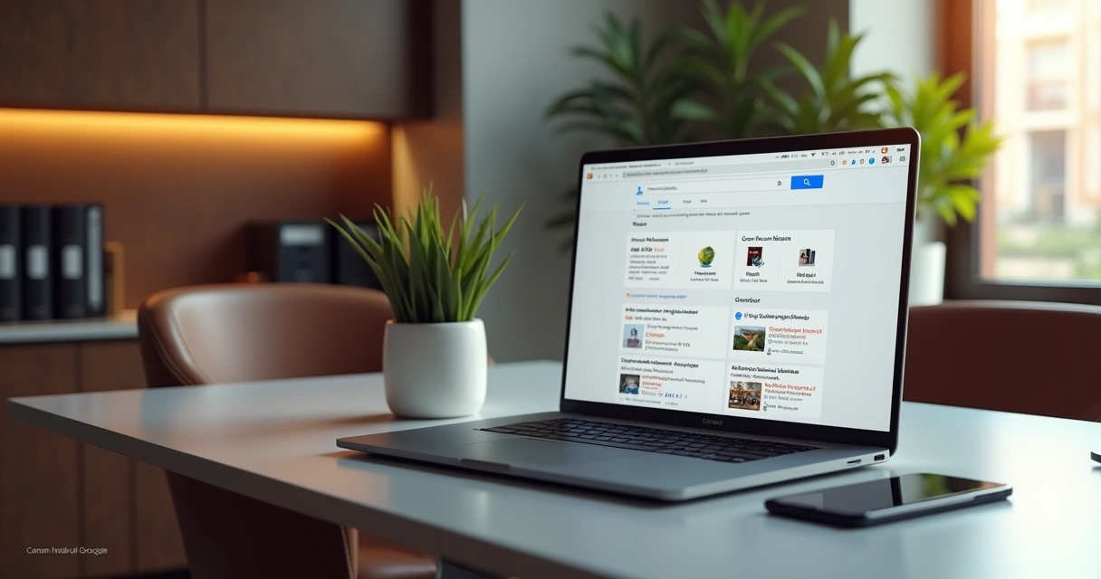 Como otimizar o Google Meu Negócio: notebook com o perfil da empresa aberto na busca do Google Como otimizar o Google Meu Negócio: notebook com o perfil da empresa aberto na busca do Google