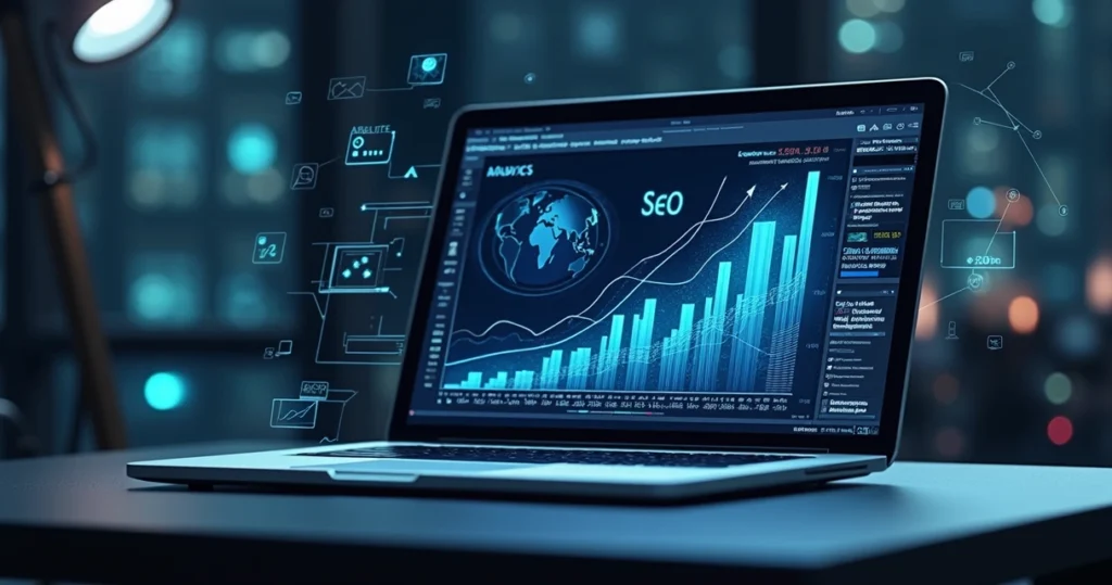 Dashboard de SEO em laptop ilustrando IA para Sites analisando palavras-chave e desempenho.