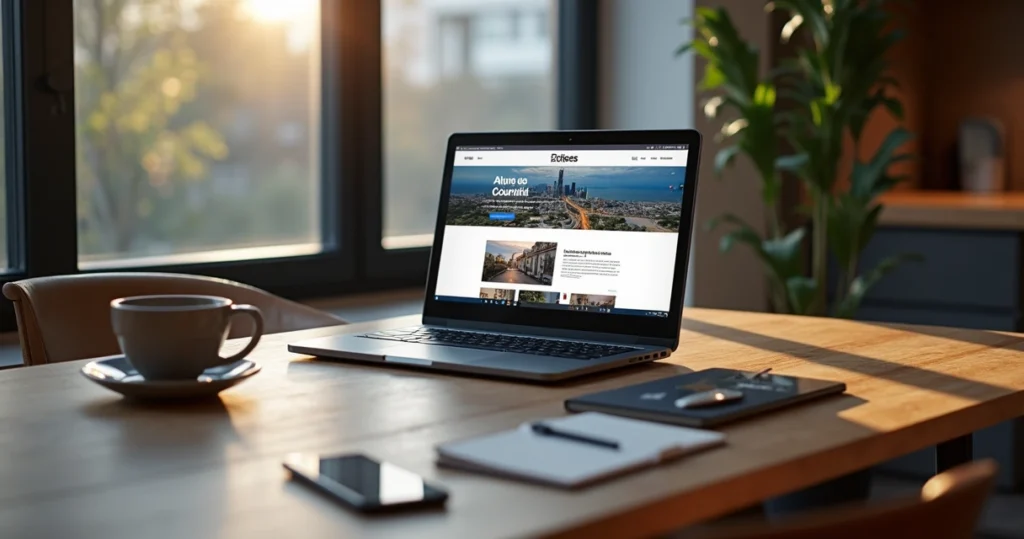 Mesa moderna com laptop aberto mostrando quanto custa a criação de um site profissional, caderno com anotações e caneta ao lado, e smartphone com gráficos de planejamento digital