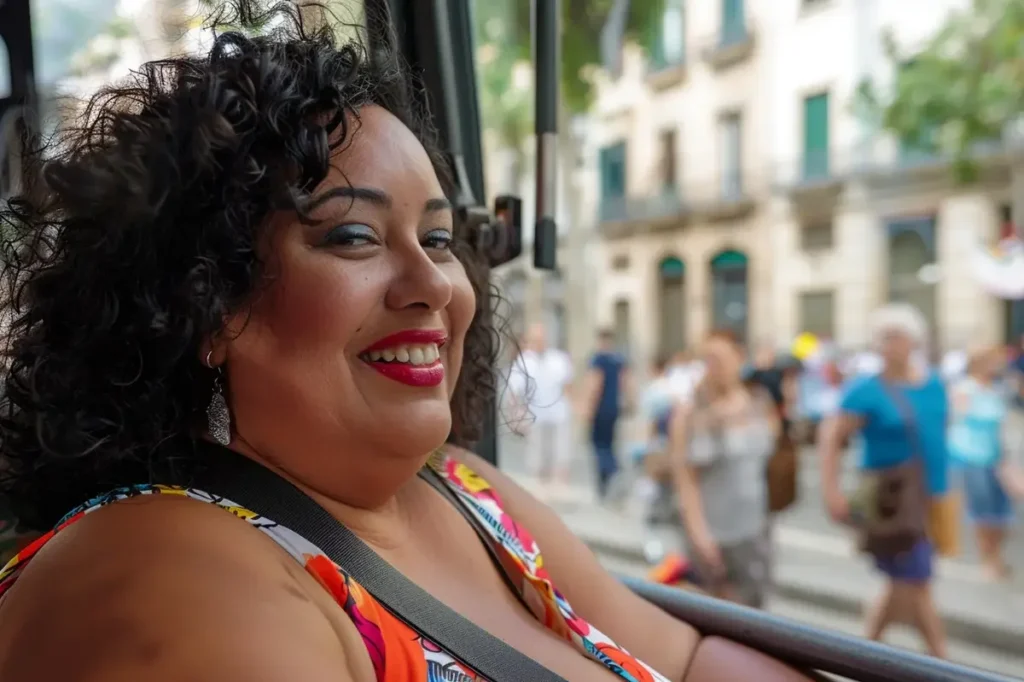 Mulher sorrindo em um transporte público em Diamantina, representando a conexão com a comunidade local para uma agência de sites em Diamantina.