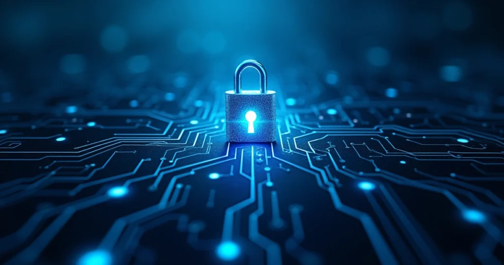 Bloqueio digital sobre fundo tecnológico, destacando a segurança em sites criados por uma agência de sites em Diamantina.