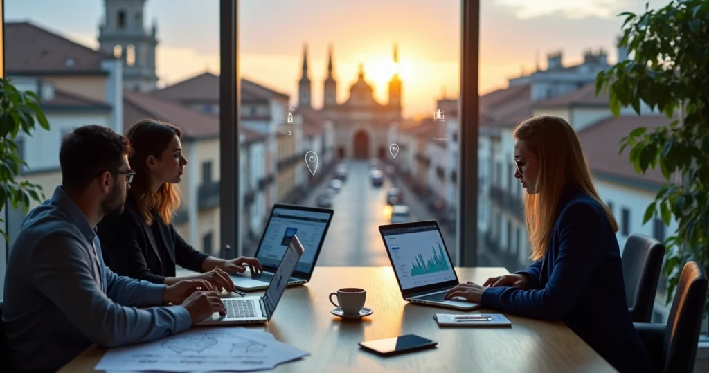 Equipe de agência de sites em Diamantina trabalhando em notebooks com vista para o centro histórico da cidade