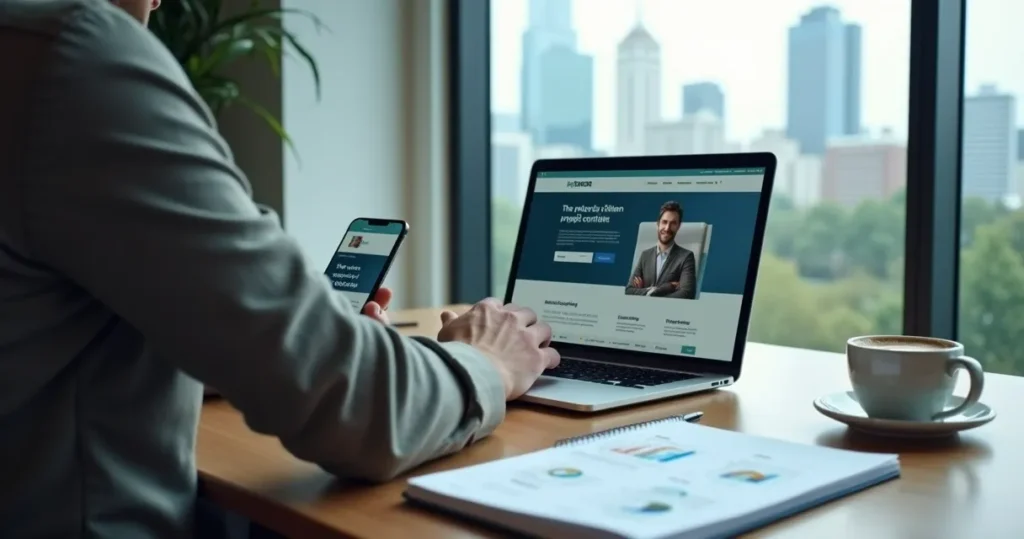 Empresário analisando site profissional em notebook ao lado de celular com redes sociais