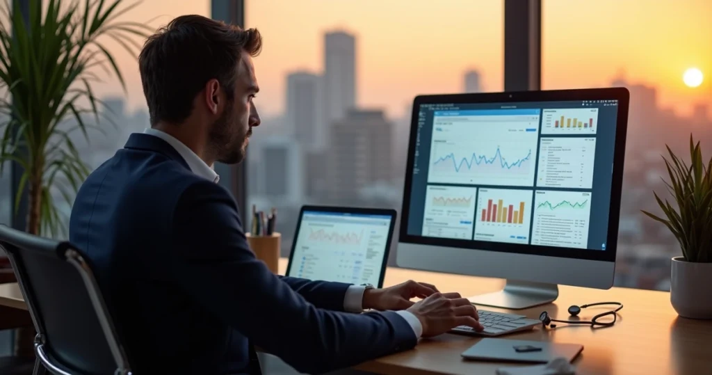 Empresário analisando opções de desenvolvedor de sites em notebook moderno