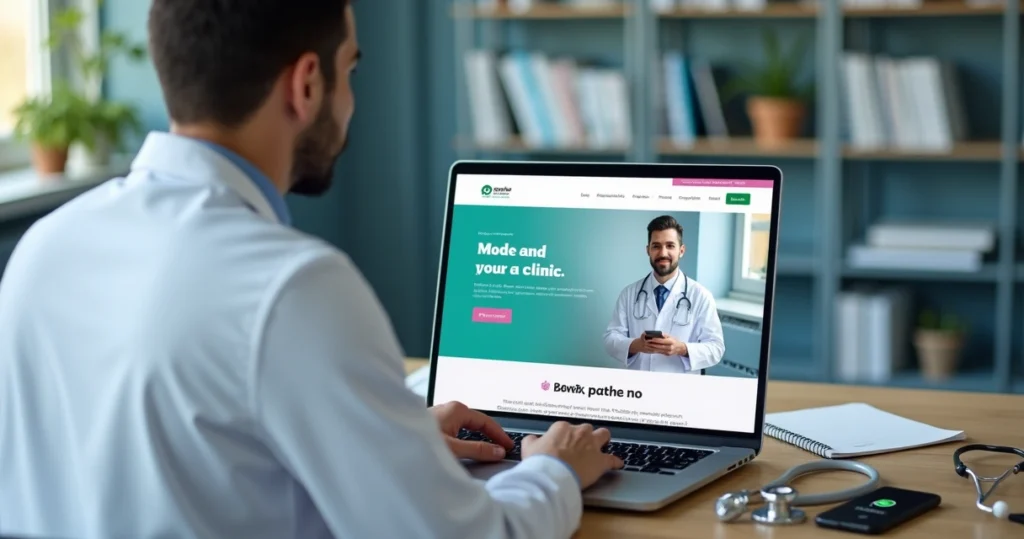 Médico em consultório usando notebook com site profissional aberto na tela