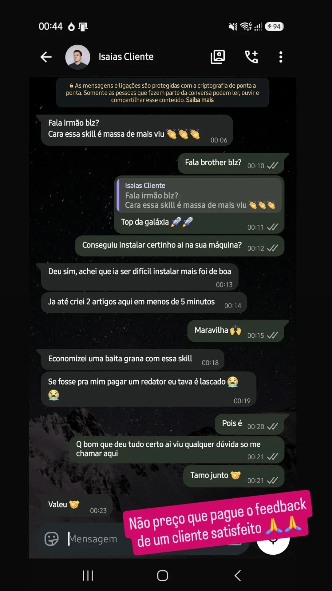 Conversa no WhatsApp de cliente aprovando a skill de auditoria de SEO apos instalar e usar Conversa no WhatsApp de cliente aprovando a skill de auditoria de SEO apos instalar e usar