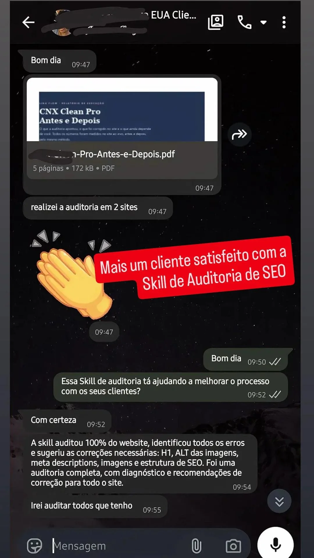 Cliente relata no WhatsApp que auditou dois sites e recebeu o relatorio completo em PDF Cliente relata no WhatsApp que auditou dois sites e recebeu o relatorio completo em PDF