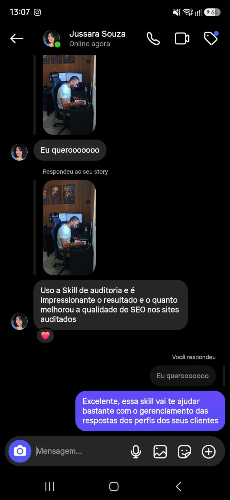 Cliente comenta no WhatsApp o resultado da auditoria de SEO automatizada no site dele Cliente comenta no WhatsApp o resultado da auditoria de SEO automatizada no site dele