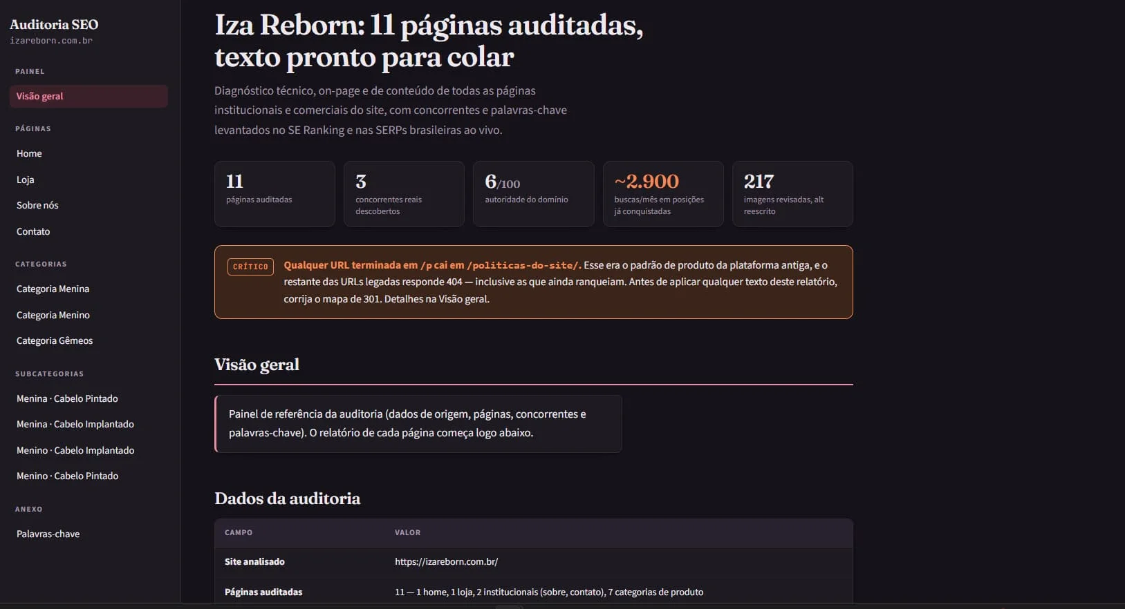 Relatorio da auditoria de SEO automatizada mostrando os erros encontrados pagina por pagina Relatorio da auditoria de SEO automatizada mostrando os erros encontrados pagina por pagina