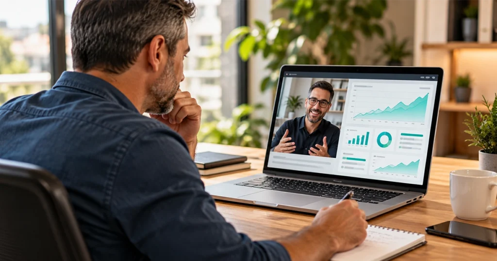 Quanto custa uma consultoria de SEO: empresário em reunião online analisando o site com um especialista Quanto custa uma consultoria de SEO: empresário em reunião online analisando o site com um especialista